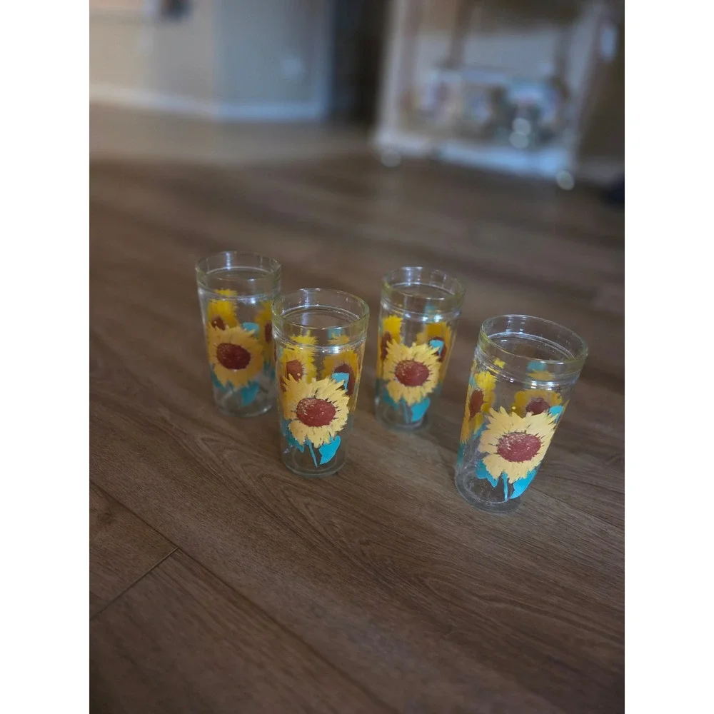 Vintage 70s Anchor Hocking Sunflower Jelly-Jar Tumbler Glass Set of 4